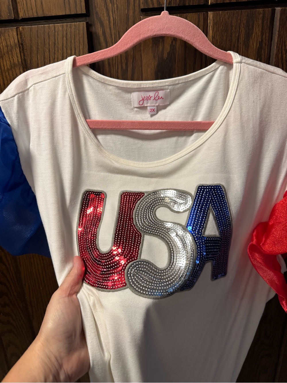 Women's USA Ruffle Sleeve Tank Top - White with Red & Blue Accents - Picture 2 of 2